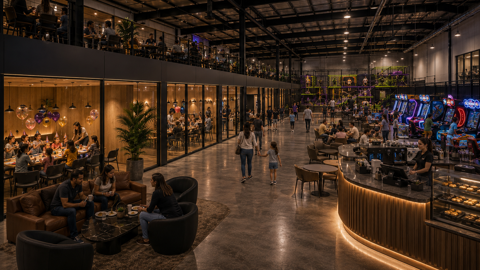 Interior entertainment precinct concept with arcade machines, bowling lanes, cafe seating and family activity zones inside a high warehouse shell