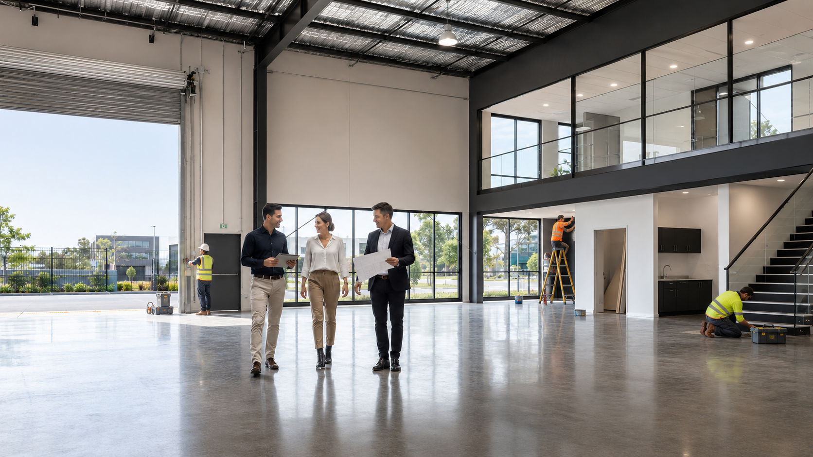 Premium warehouse interior with polished concrete floor, open roller door, office mezzanine and three buyers walking through with plans