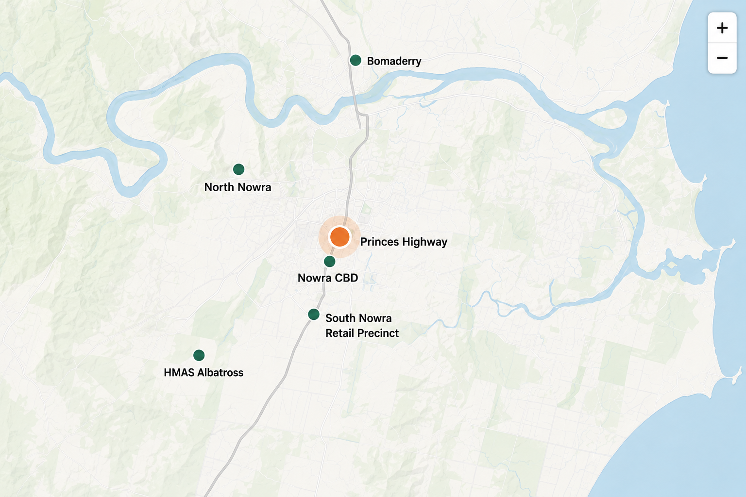 Shoalhaven access map showing Bomaderry, North Nowra, Nowra CBD, Princes Highway, South Nowra Retail Precinct and HMAS Albatross near Precinct Shoalhaven